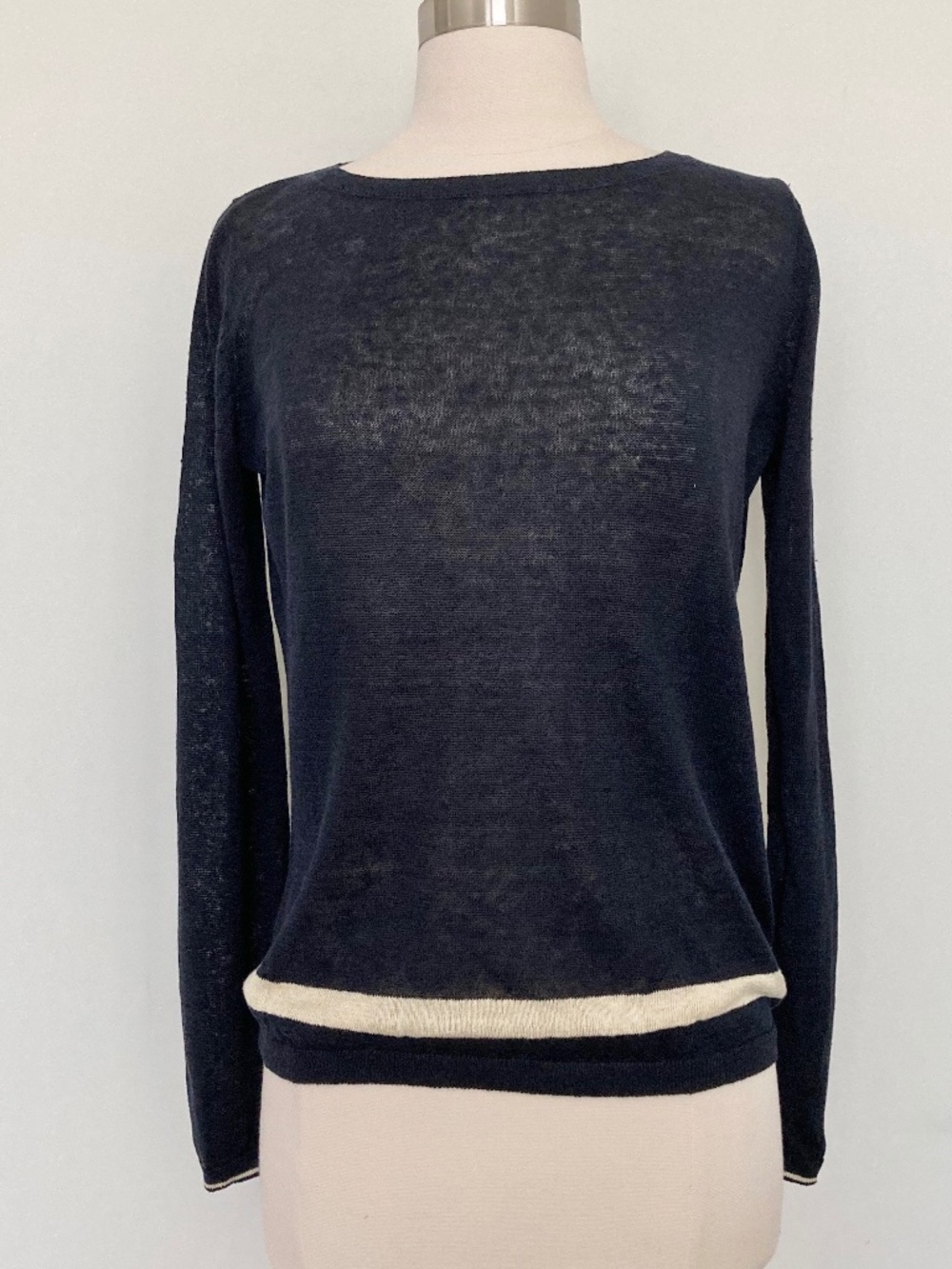 Ines de la Fressange Linen Crewneck Sweater Navy Lightweight Knit Top XS